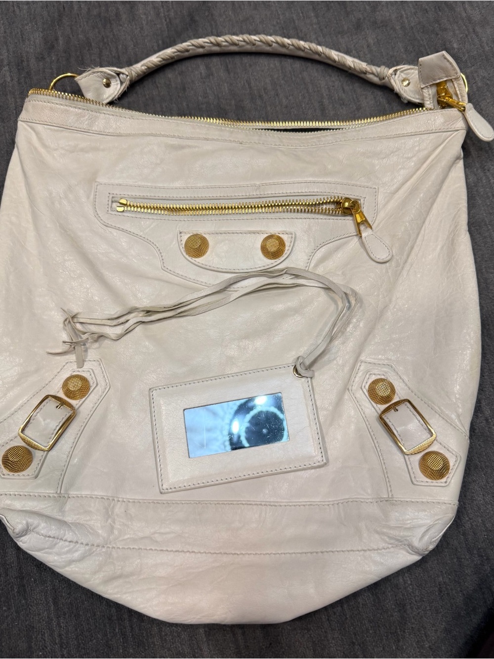 Balenciaga Thick Chèvre Off-White Leather Shoulder Bag with Giant Gold Hardware